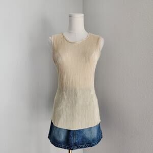 Vintage 90s Jaipur Gold Shimmer Pleated Tank Top Sheer Sleeveless Y2K S